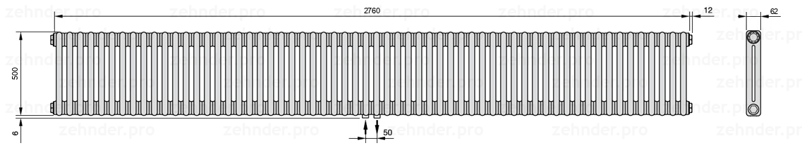 Схема (чертеж) Радиатор Zehnder Charleston 2050/60 №3470 Белый глянцевый RAL 9016